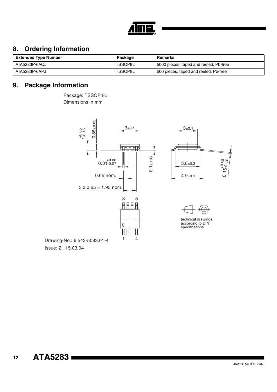 Ata5283, Package information 8. ordering information | Atmel ATA5283 User Manual | Page 12 / 14