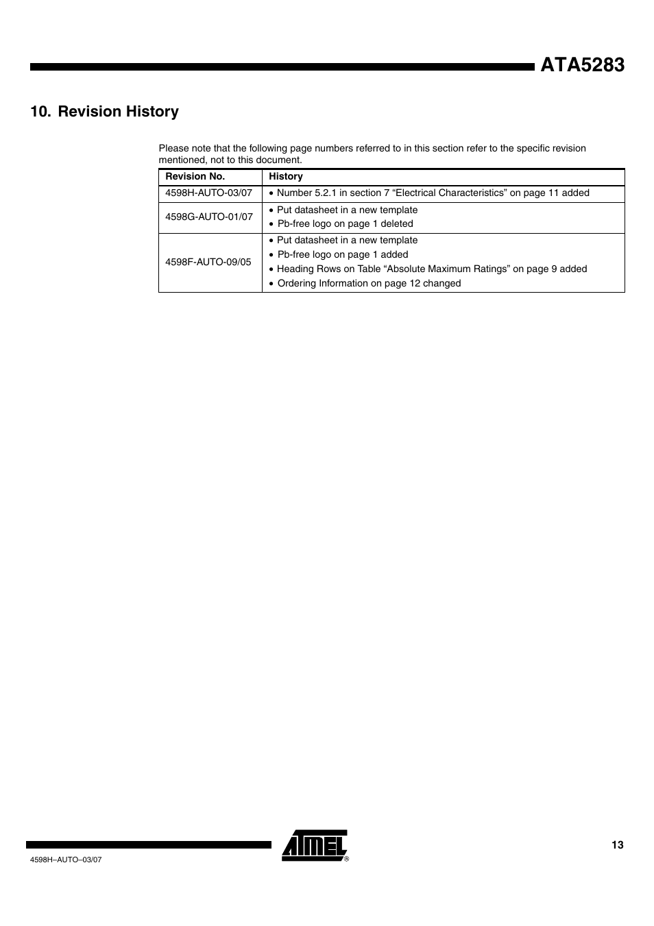Ata5283, Revision history | Atmel ATA5283 User Manual | Page 13 / 14