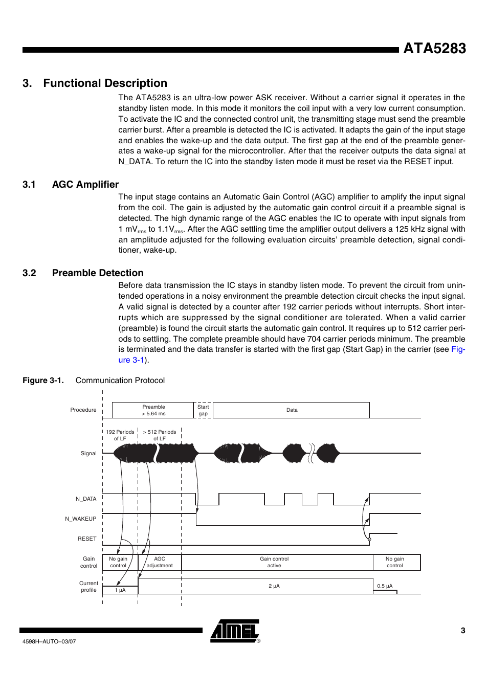 Ata5283, Functional description, 1 agc amplifier | 2 preamble detection | Atmel ATA5283 User Manual | Page 3 / 14