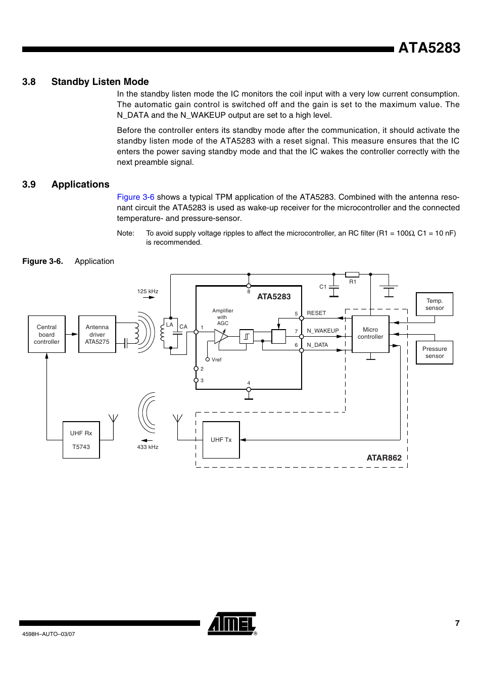 Ata5283, 8 standby listen mode, 9 applications | Atmel ATA5283 User Manual | Page 7 / 14