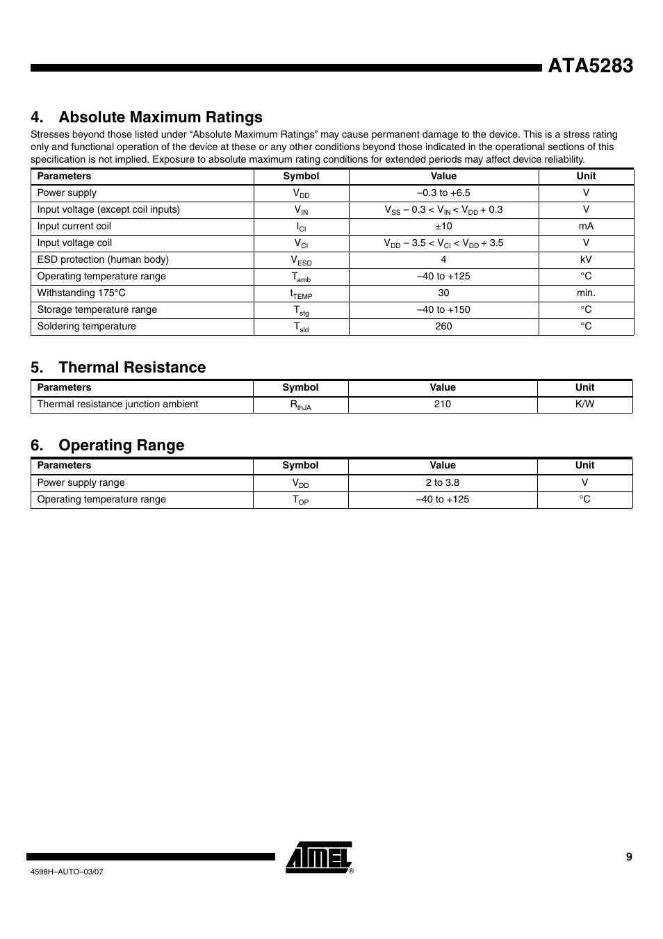 Ata5283, Absolute maximum ratings, Thermal resistance | Operating range | Atmel ATA5283 User Manual | Page 9 / 14