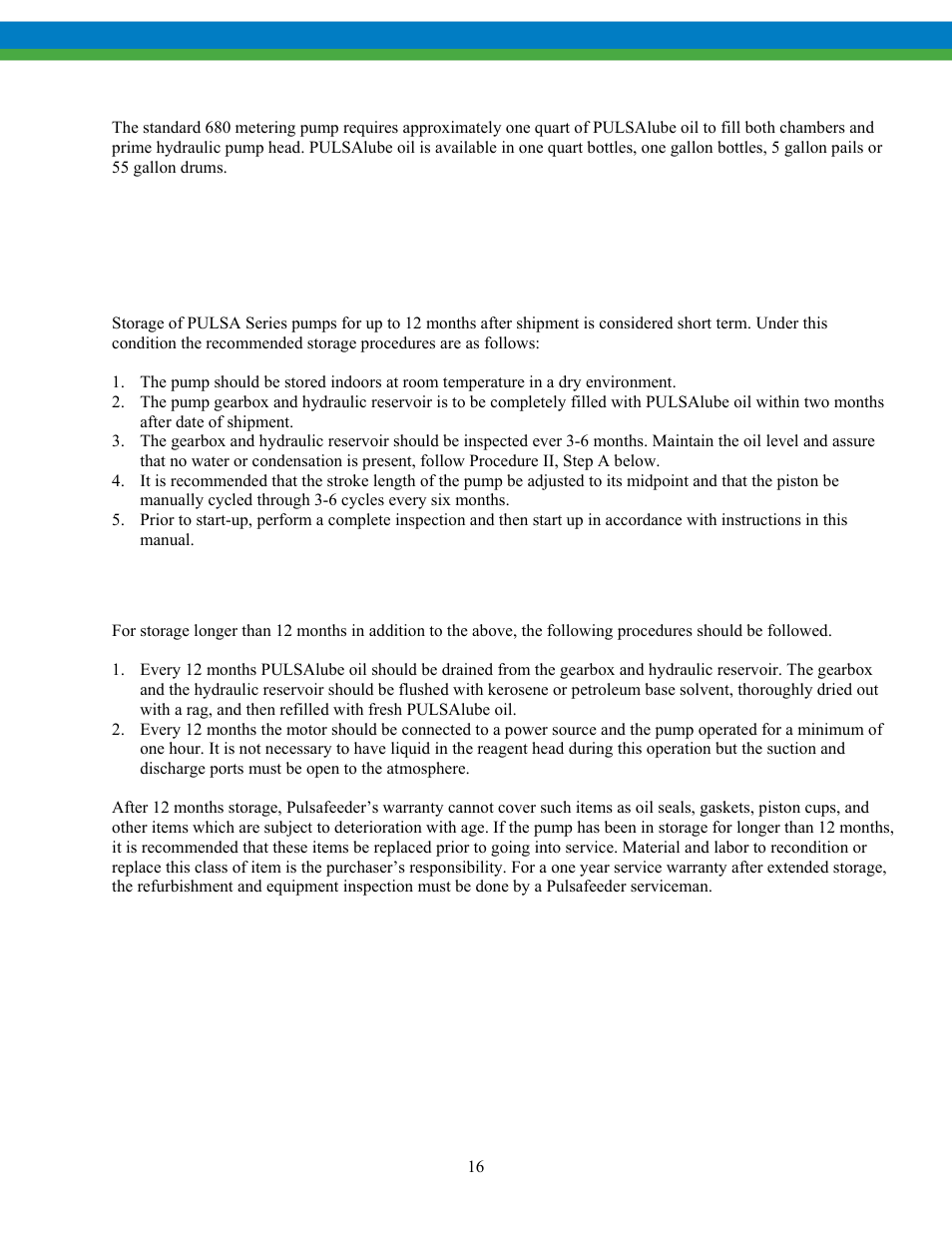 Storage instructions, 11 oil capacity, 1 short term | 2 long term | Pulsafeeder Pulsa Series 680 EN User Manual | Page 19 / 26