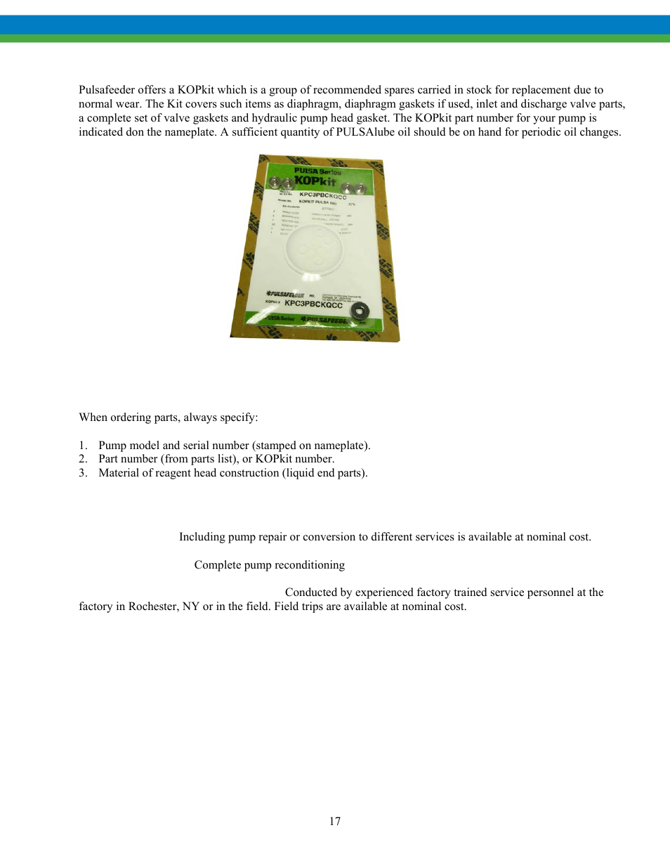3 maintenance parts stock- kopkits, 4 ordering parts, 5 additional pulsafeeder services | Pulsafeeder Pulsa Series 680 EN User Manual | Page 20 / 26