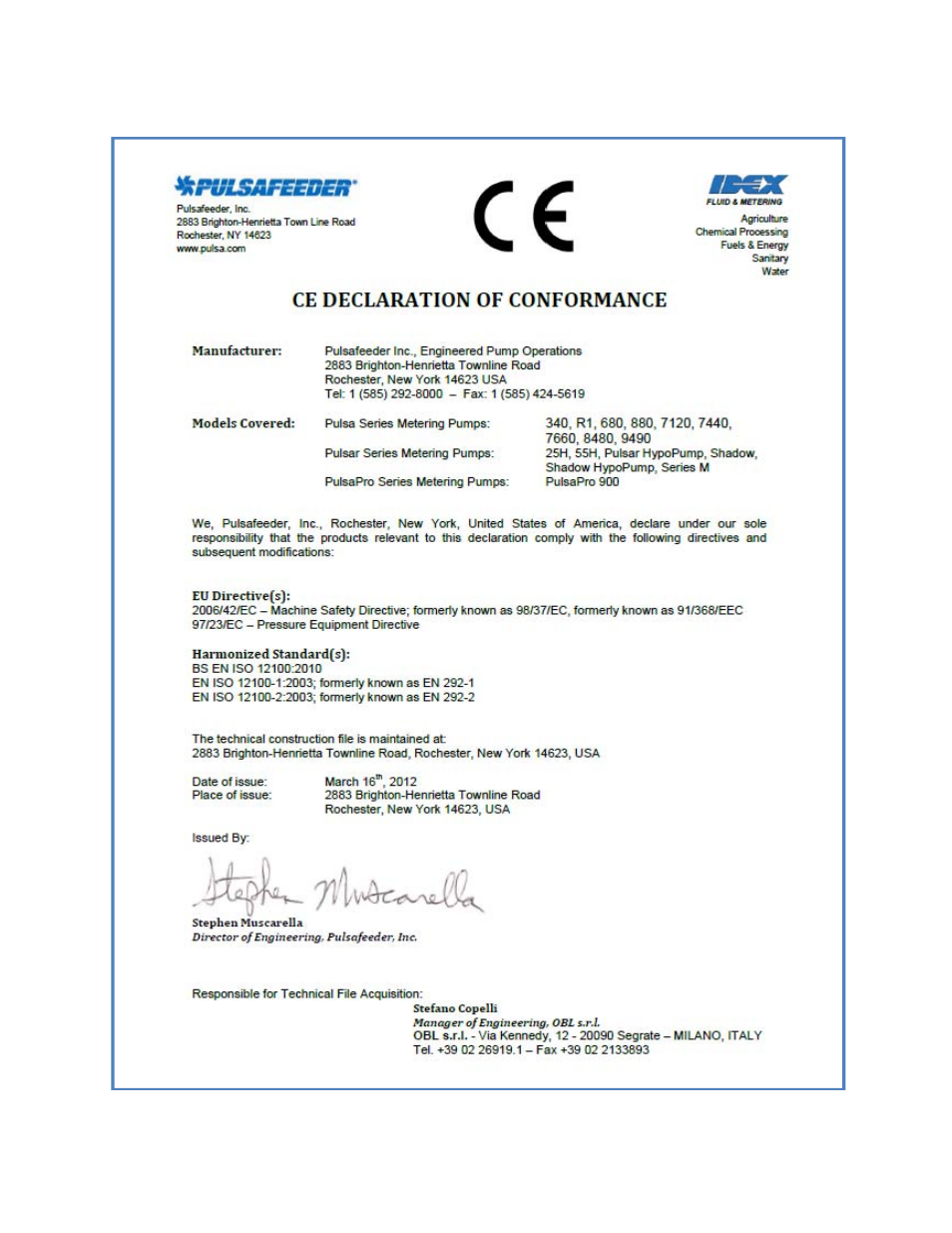 Appendix v ec declaration of conformance | Pulsafeeder PulsaPro 900 EN User Manual | Page 66 / 71