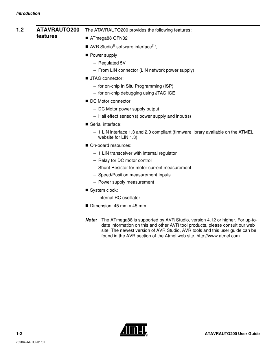 2 atavrauto200 features | Atmel 7698AAUTO01/07 User Manual | Page 4 / 21