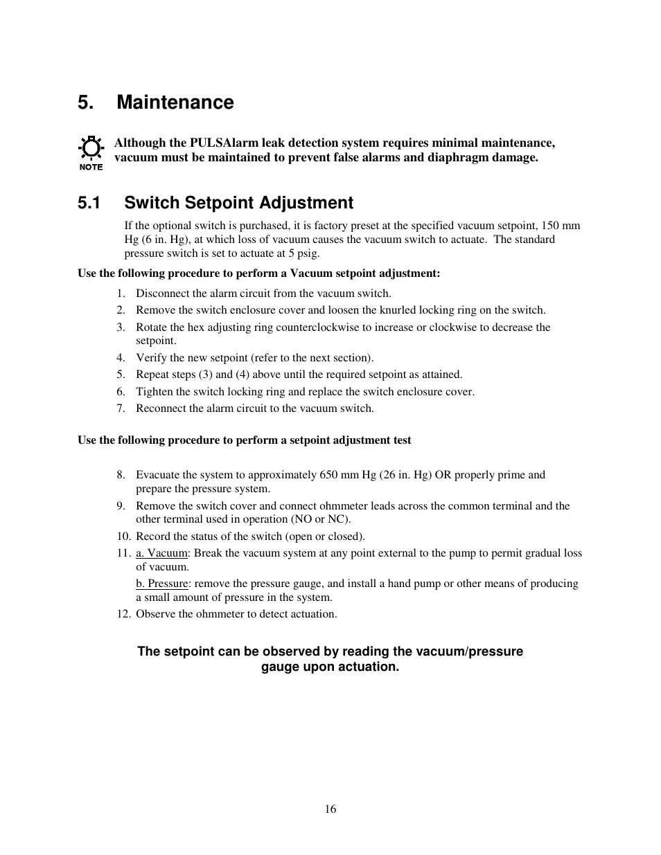 Maintenance, 1 switch setpoint adjustment | Pulsafeeder PULSAlarm User Manual | Page 16 / 24