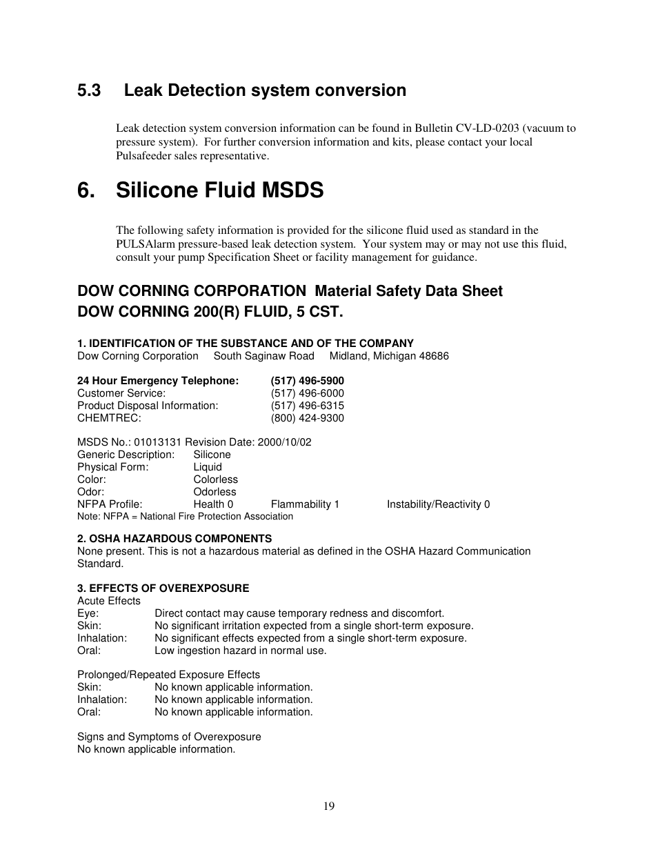 Silicone fluid msds, 3 leak detection system conversion | Pulsafeeder PULSAlarm User Manual | Page 19 / 24