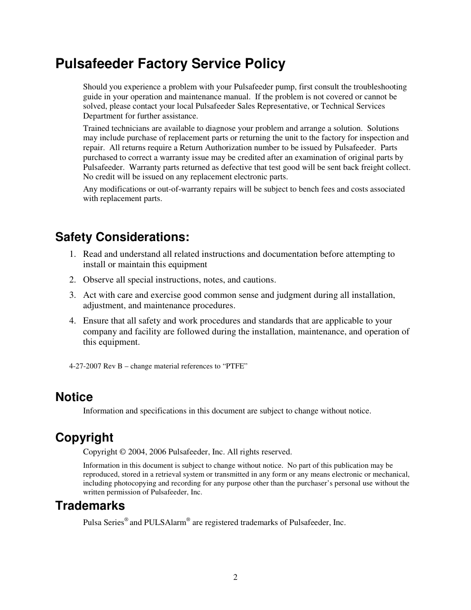 Pulsafeeder factory service policy, Safety considerations, Notice | Copyright, Trademarks | Pulsafeeder PULSAlarm User Manual | Page 2 / 24