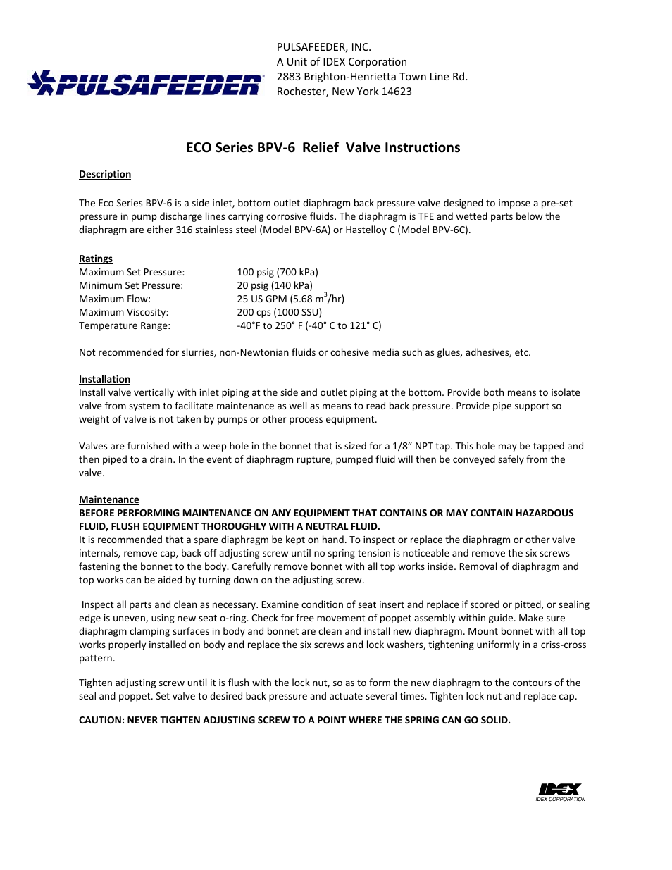 Pulsafeeder ECO Series Back Pressure Valve Instructions User Manual | 1 page