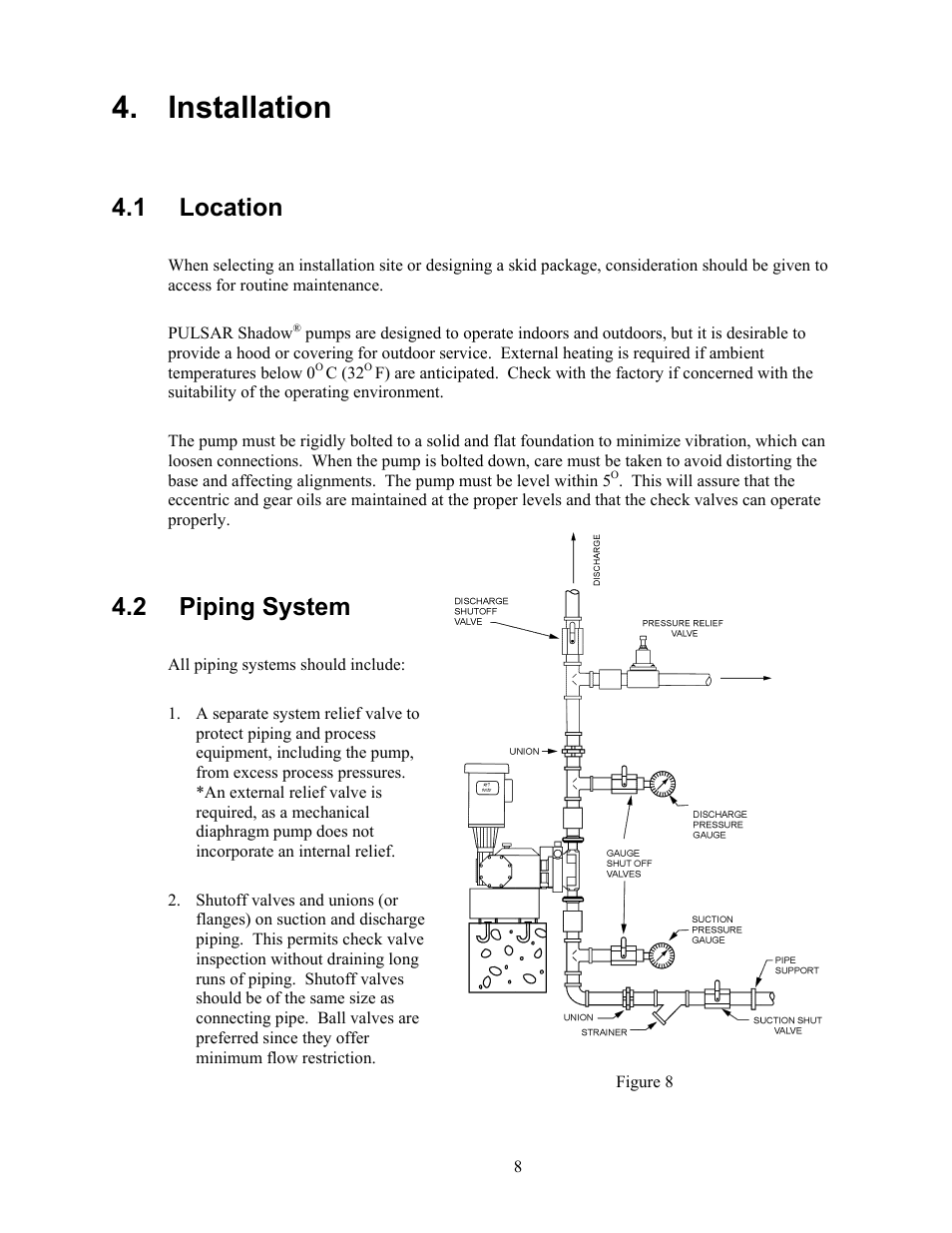 Installation, Location, Piping system | Nstallation, 1 location, 2 piping system | Pulsafeeder Pulsar Shadow User Manual | Page 14 / 48