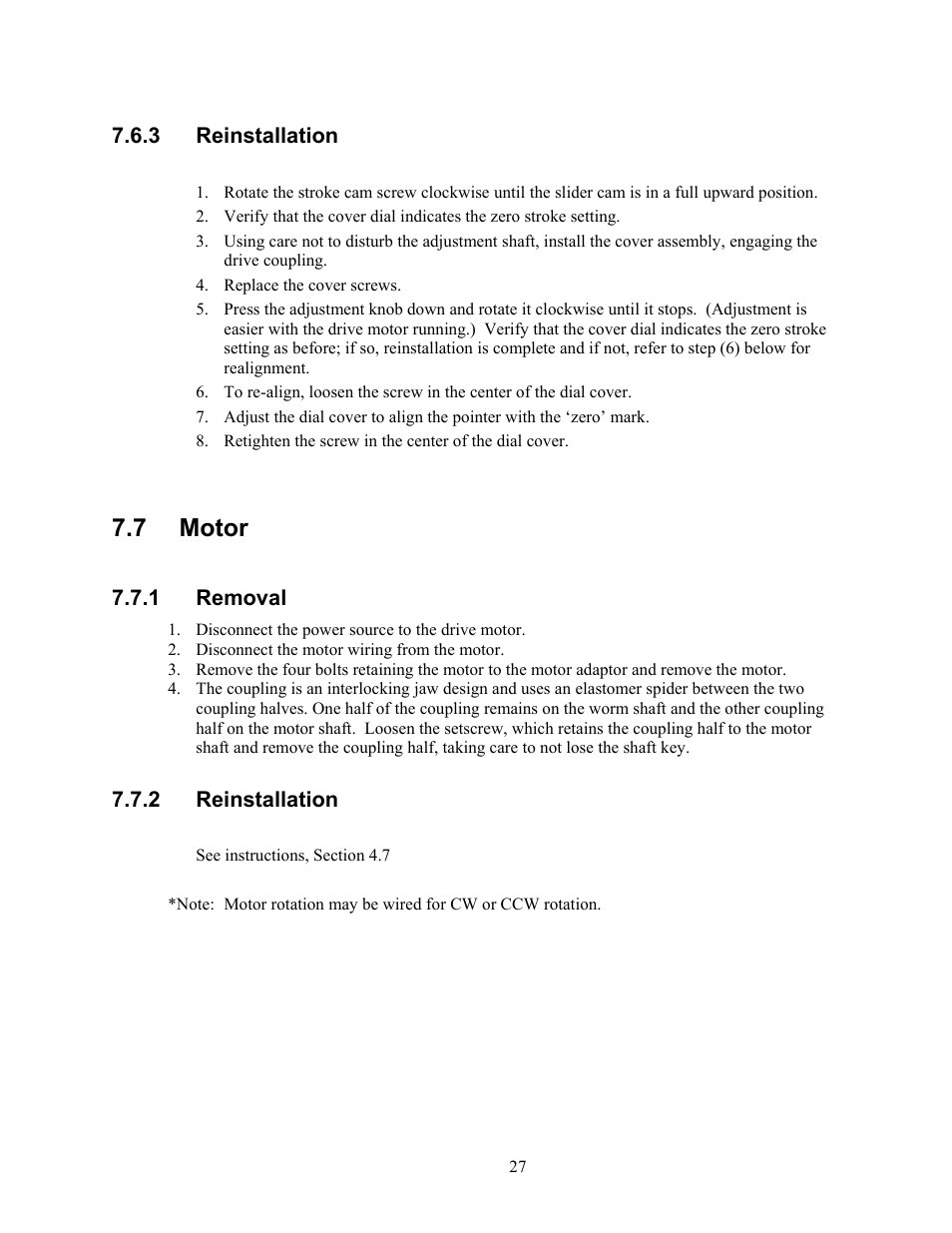 Reinstallation, Motor, Removal | 7 motor | Pulsafeeder Pulsar Shadow User Manual | Page 33 / 48