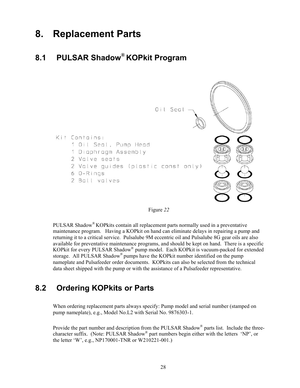 Replacement parts, Pulsar shadow® kopkit program, Ordering kopkits or parts | Eplacement, Arts, Pulsar shadow, Kopkit program, 1 pulsar shadow, 2 ordering kopkits or parts | Pulsafeeder Pulsar Shadow User Manual | Page 34 / 48