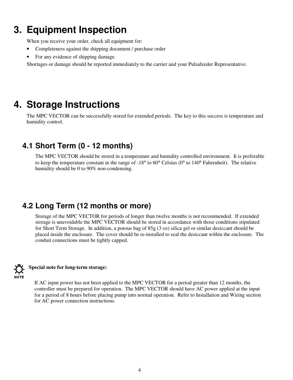 Equipment inspection, Storage instructions, 1 short term (0 - 12 months) | 2 long term (12 months or more) | Pulsafeeder MPC Vector User Manual | Page 10 / 70