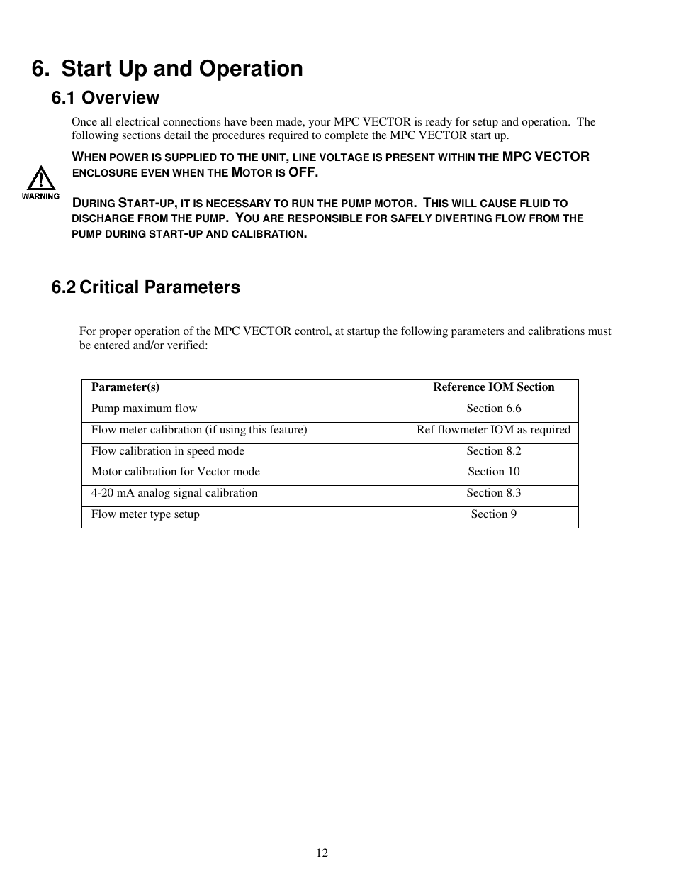 Start up and operation, 1 overview, 2 critical parameters | Pulsafeeder MPC Vector User Manual | Page 18 / 70