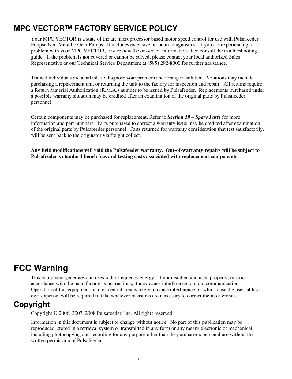 Fcc warning, Mpc vector™ factory service policy, Copyright | Pulsafeeder MPC Vector User Manual | Page 2 / 70