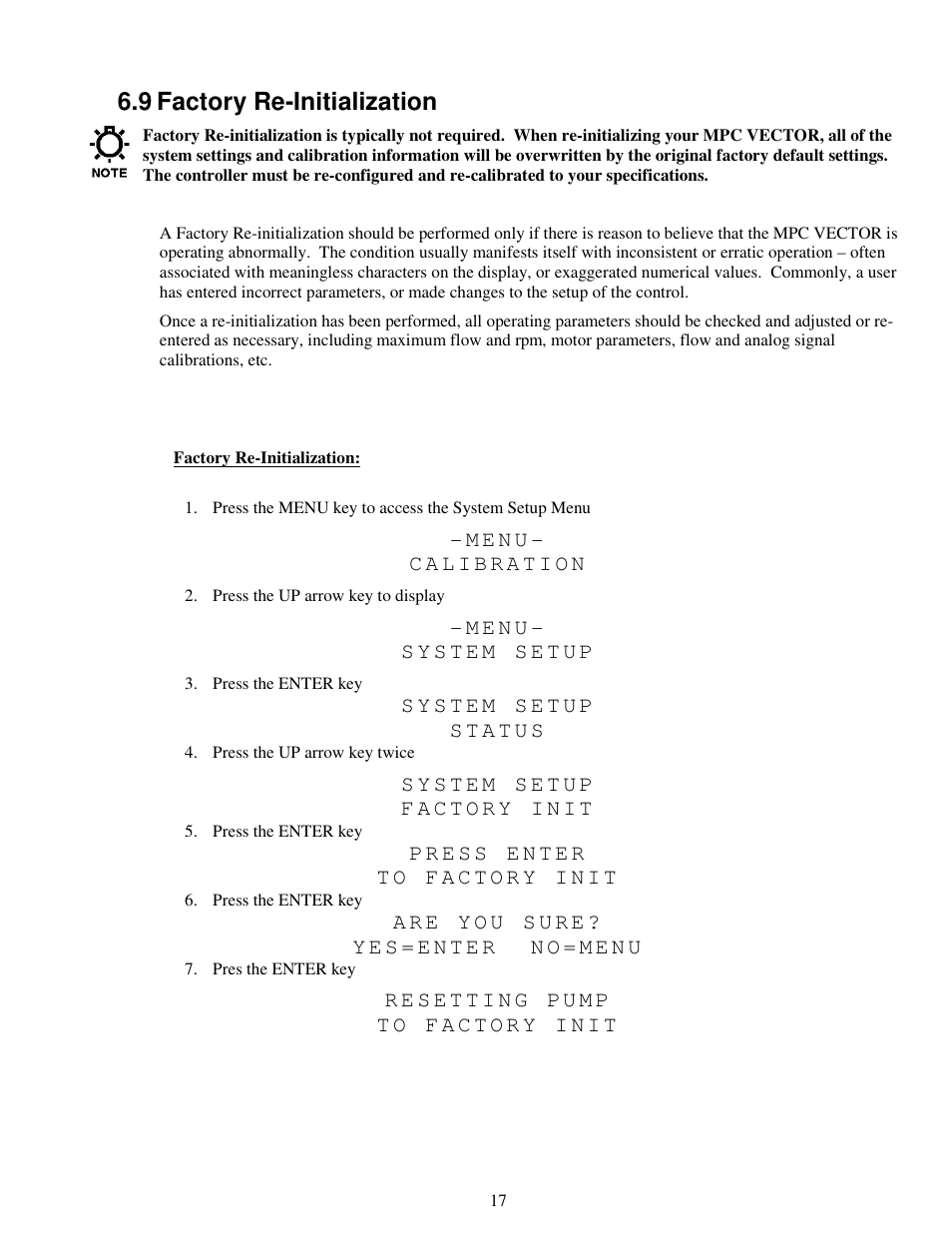 9 factory re-initialization | Pulsafeeder MPC Vector User Manual | Page 23 / 70