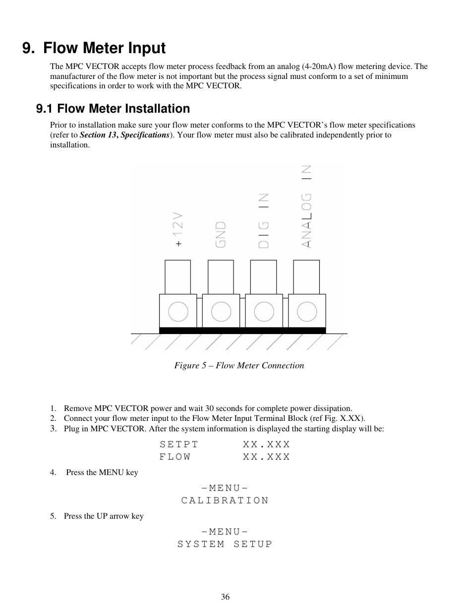 Flow meter input, 1 flow meter installation | Pulsafeeder MPC Vector User Manual | Page 42 / 70