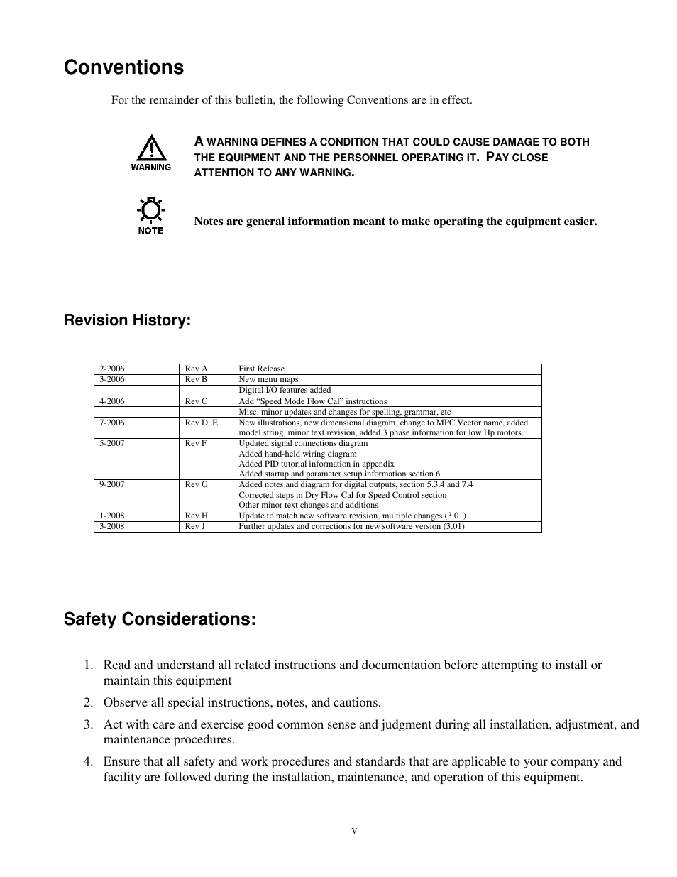 Conventions, Safety considerations, Revision history | Pulsafeeder MPC Vector User Manual | Page 5 / 70