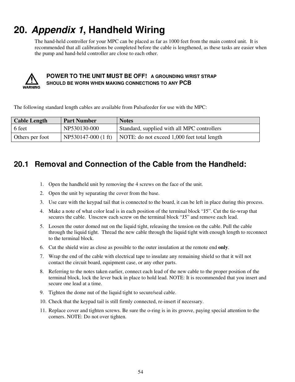 Appendix 1 , handheld wiring | Pulsafeeder MPC Vector User Manual | Page 60 / 70