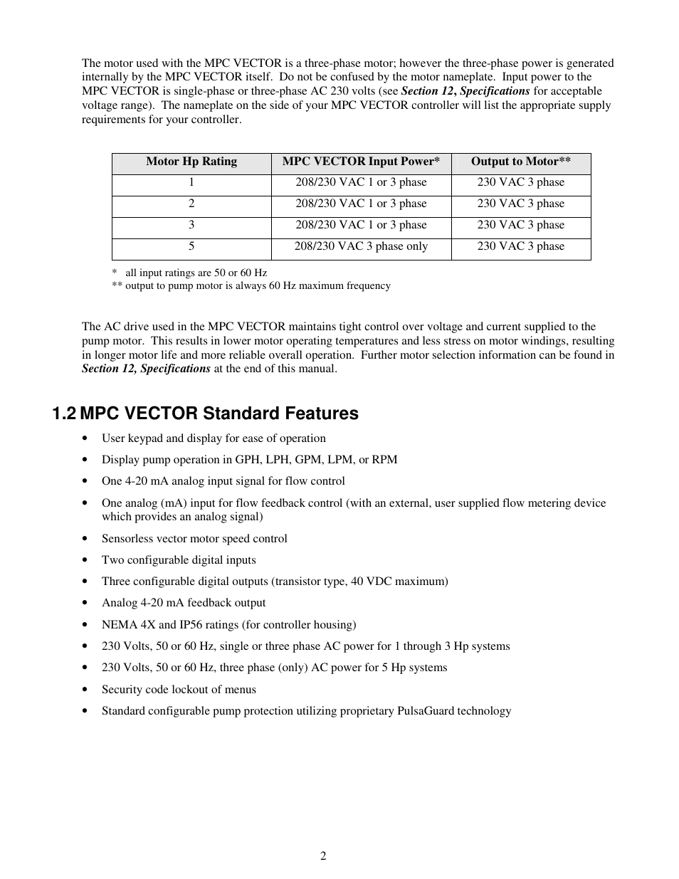 2 mpc vector standard features | Pulsafeeder MPC Vector User Manual | Page 8 / 70