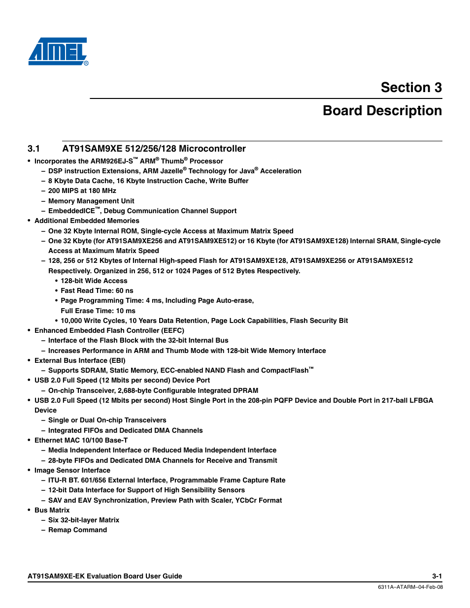Section 3, Board description, 1 at91sam9xe 512/256/128 microcontroller | Board description -1, At91sam9xe 512/256/128 microcontroller -1 | Atmel Evaluation Board AT91SAM9XE-EK User Manual | Page 11 / 34