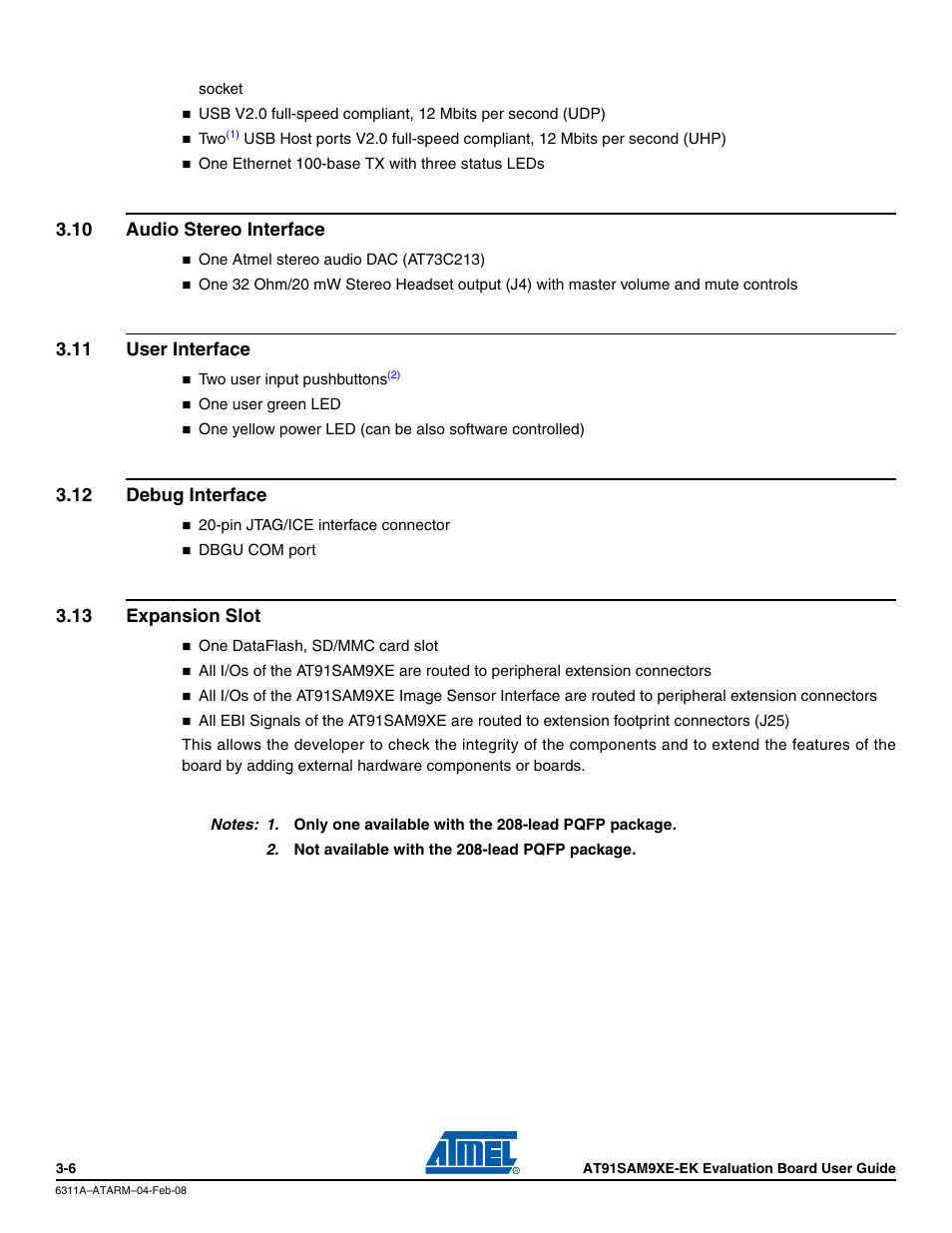 10 audio stereo interface, 11 user interface, 12 debug interface | 13 expansion slot, 10 audio stereo interface -6, 11 user interface -6, 12 debug interface -6, 13 expansion slot -6 | Atmel Evaluation Board AT91SAM9XE-EK User Manual | Page 16 / 34