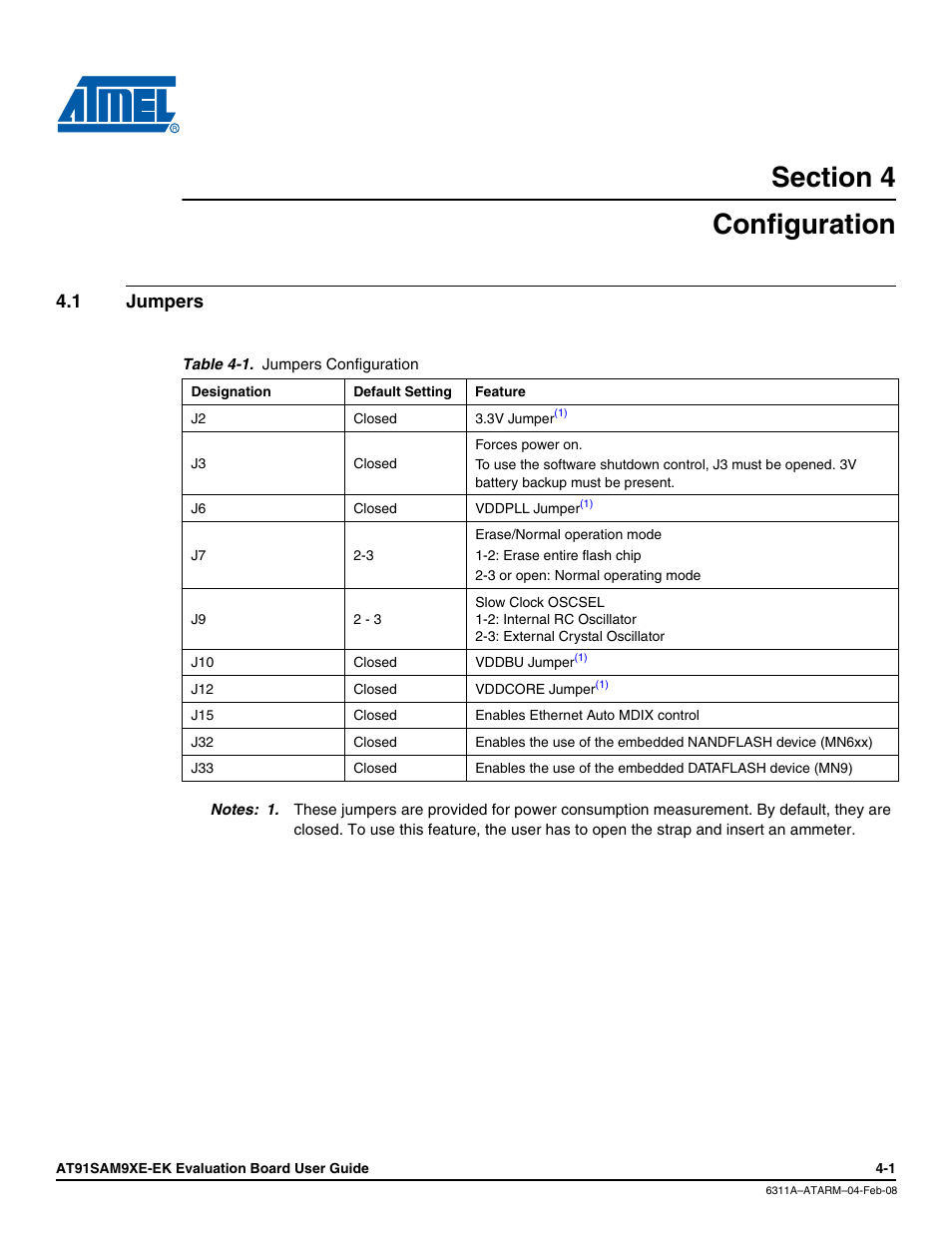 Section 4, Configuration, 1 jumpers | Configuration -1 | Atmel Evaluation Board AT91SAM9XE-EK User Manual | Page 20 / 34