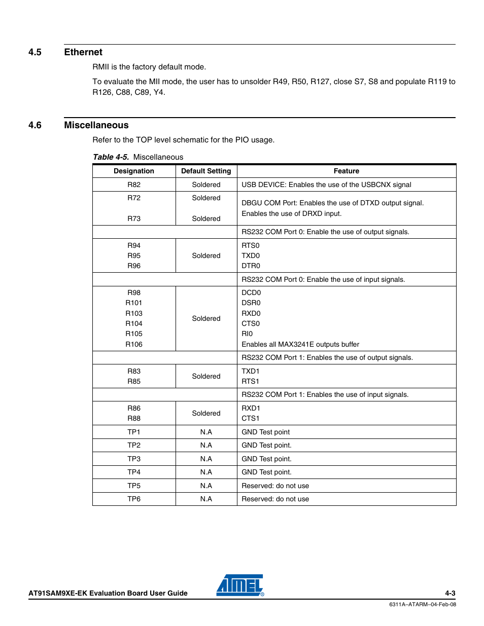 5 ethernet, 6 miscellaneous, Ethernet -3 | Miscellaneous -3 | Atmel Evaluation Board AT91SAM9XE-EK User Manual | Page 22 / 34