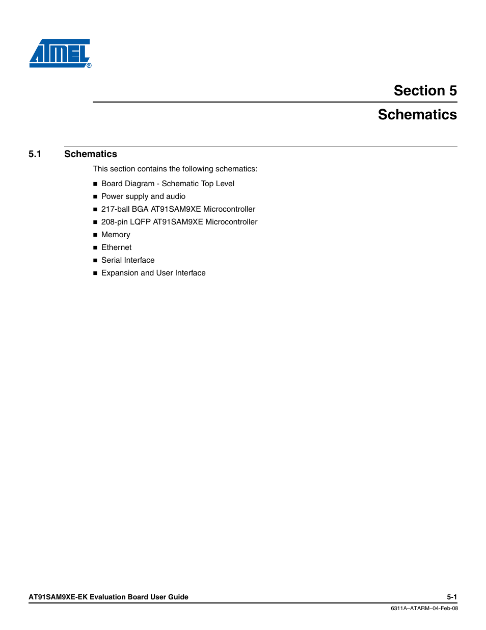 Section 5, Schematics, 1 schematics | Schematics -1 | Atmel Evaluation Board AT91SAM9XE-EK User Manual | Page 23 / 34