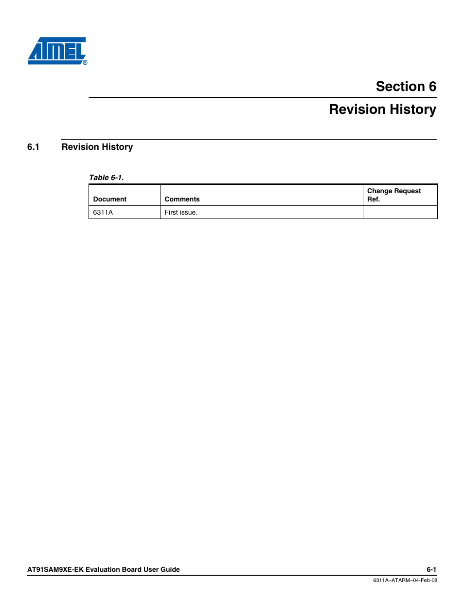 Section 6, Revision history, 1 revision history | Revision history -1 | Atmel Evaluation Board AT91SAM9XE-EK User Manual | Page 32 / 34