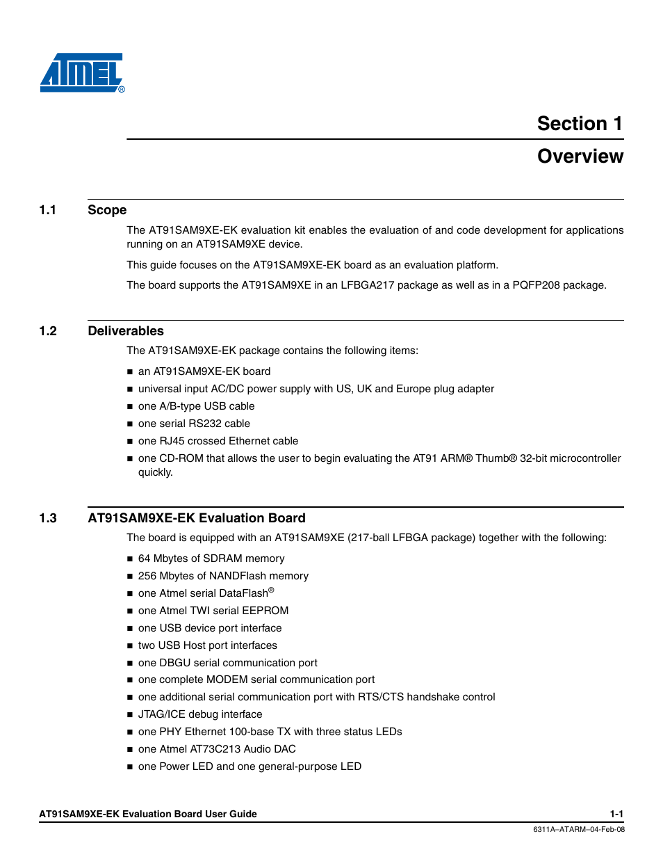Section 1, Overview, 1 scope | 2 deliverables, 3 at91sam9xe-ek evaluation board, Overview -1, Scope -1, Deliverables -1, At91sam9xe-ek evaluation board -1 | Atmel Evaluation Board AT91SAM9XE-EK User Manual | Page 4 / 34