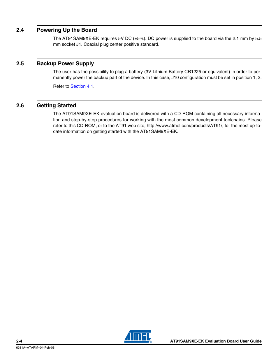 4 powering up the board, 5 backup power supply, 6 getting started | Powering up the board -4, Backup power supply -4, Getting started -4 | Atmel Evaluation Board AT91SAM9XE-EK User Manual | Page 9 / 34
