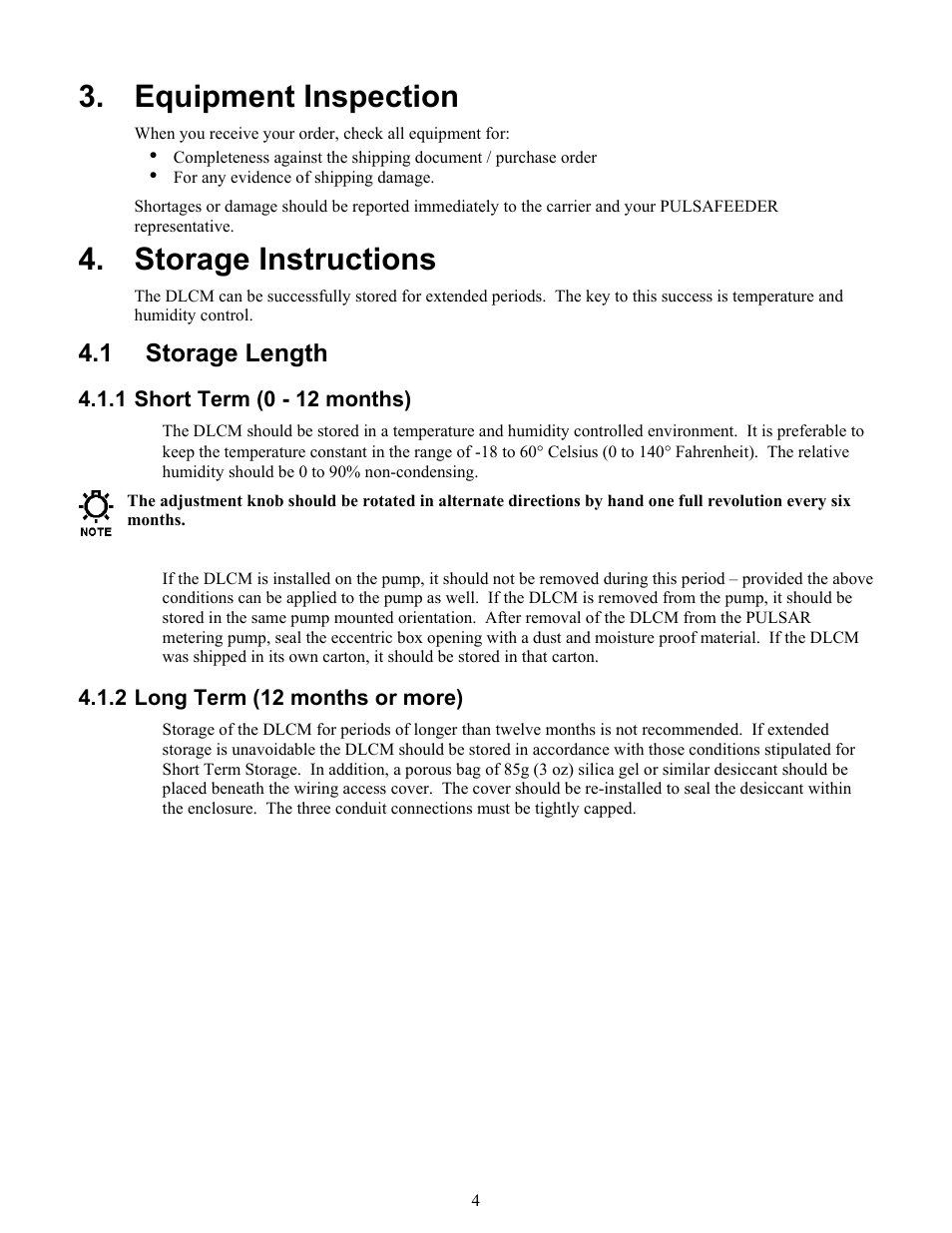 Equipment inspection, Storage instructions, Storage length | Short term (0 - 12 months), Long term (12 months or more), Quipment, Nspection, Torage, Nstructions, 1 storage length | Pulsafeeder Pulsar DLCM User Manual | Page 10 / 135