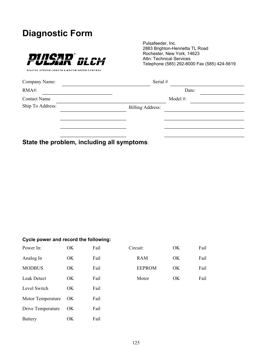 Diagnostic form | Pulsafeeder Pulsar DLCM User Manual | Page 131 / 135