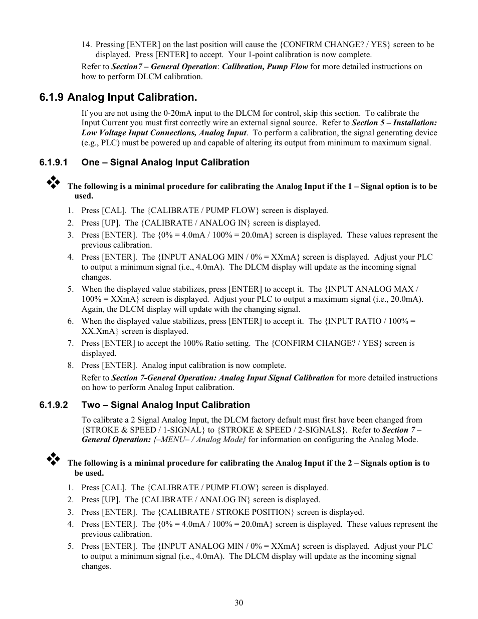 Analog input calibration, One – signal analog input calibration, Two – signal analog input calibration | Pulsafeeder Pulsar DLCM User Manual | Page 36 / 135