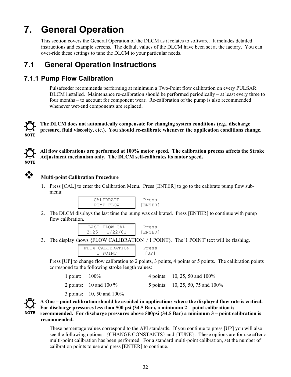 General operation, General operation instructions, Pump flow calibration | Eneral, Peration, 1 general operation instructions | Pulsafeeder Pulsar DLCM User Manual | Page 38 / 135