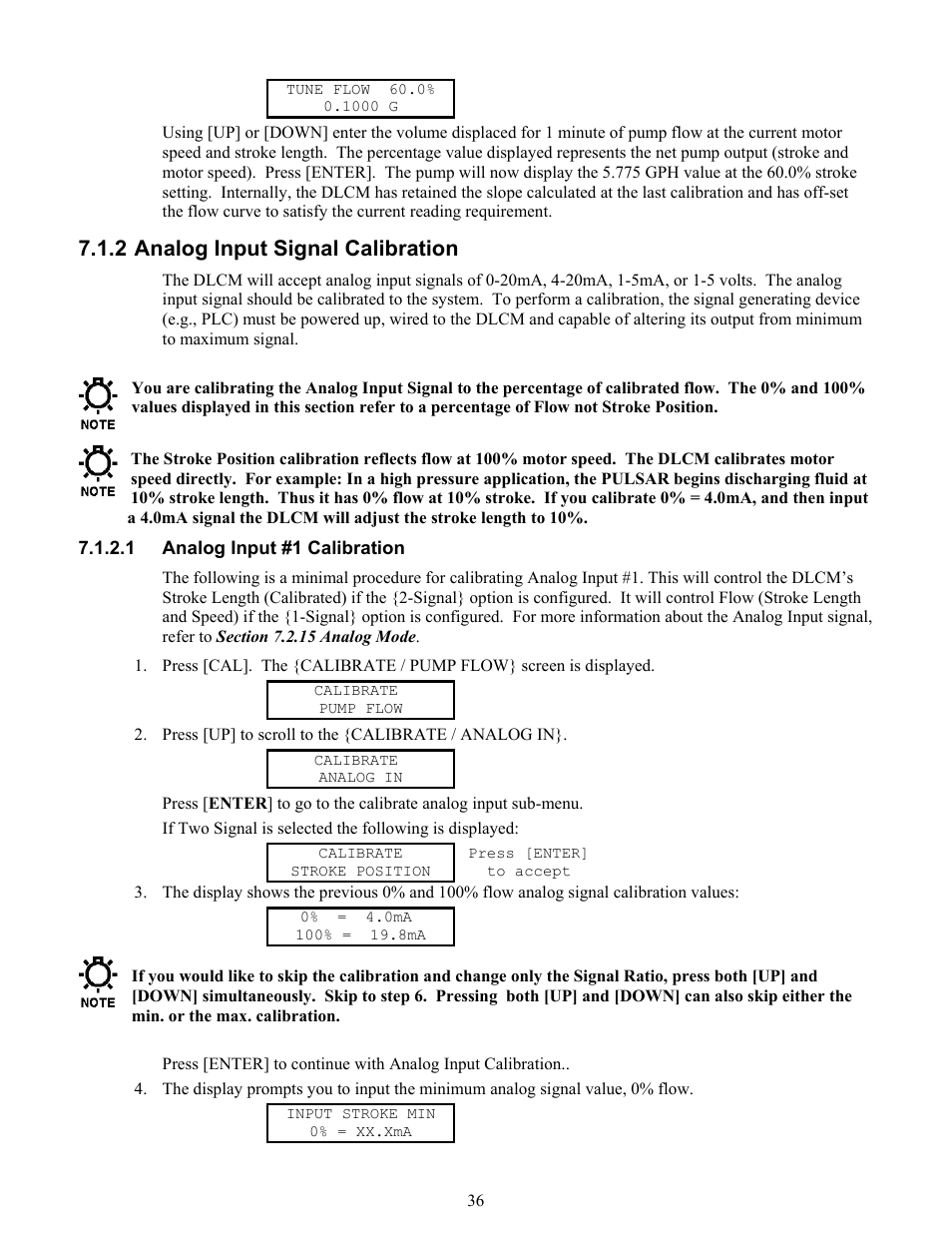 Analog input signal calibration, Analog input #1 calibration, 2 analog input signal calibration | Pulsafeeder Pulsar DLCM User Manual | Page 42 / 135