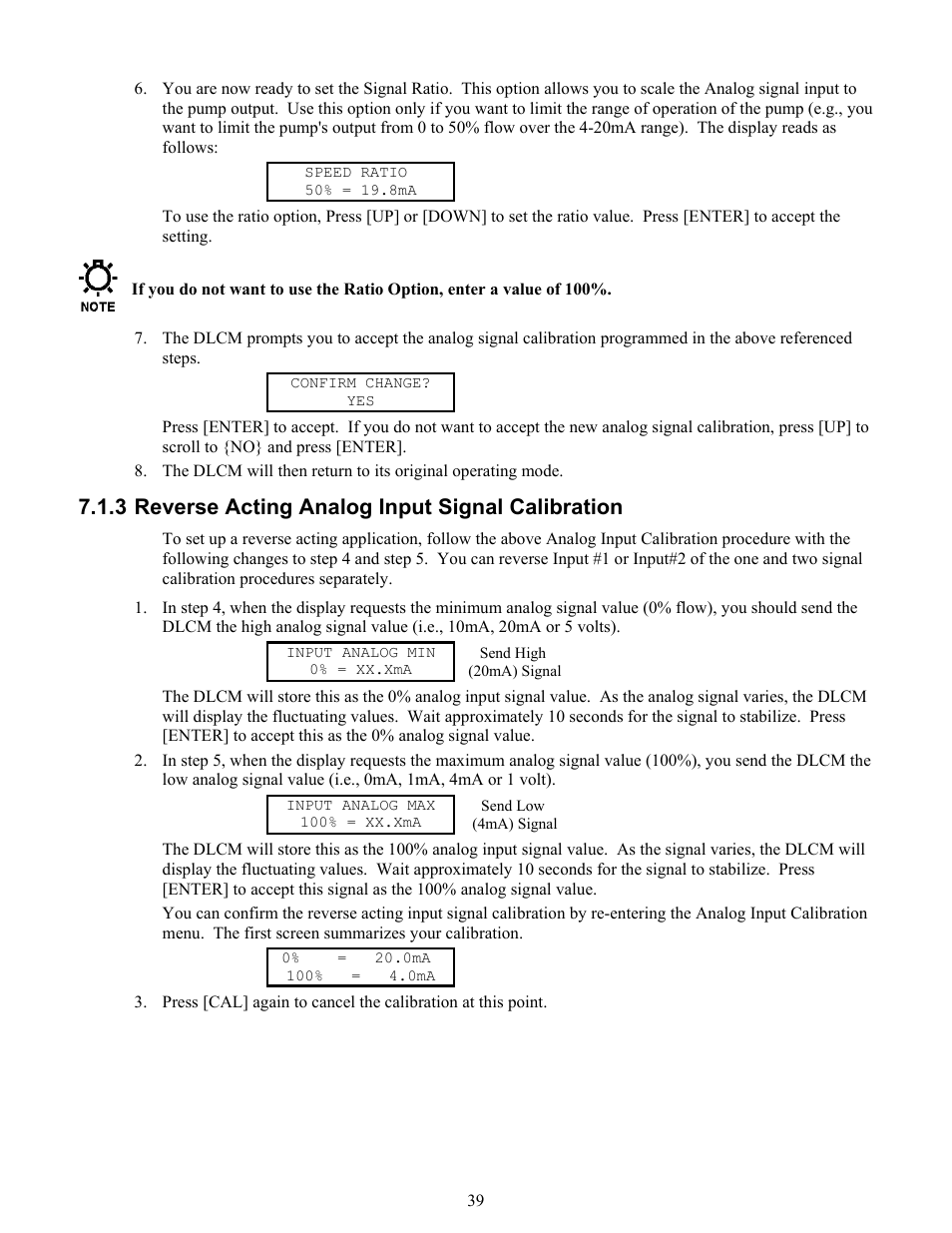 Reverse acting analog input signal calibration, 3 reverse acting analog input signal calibration | Pulsafeeder Pulsar DLCM User Manual | Page 45 / 135