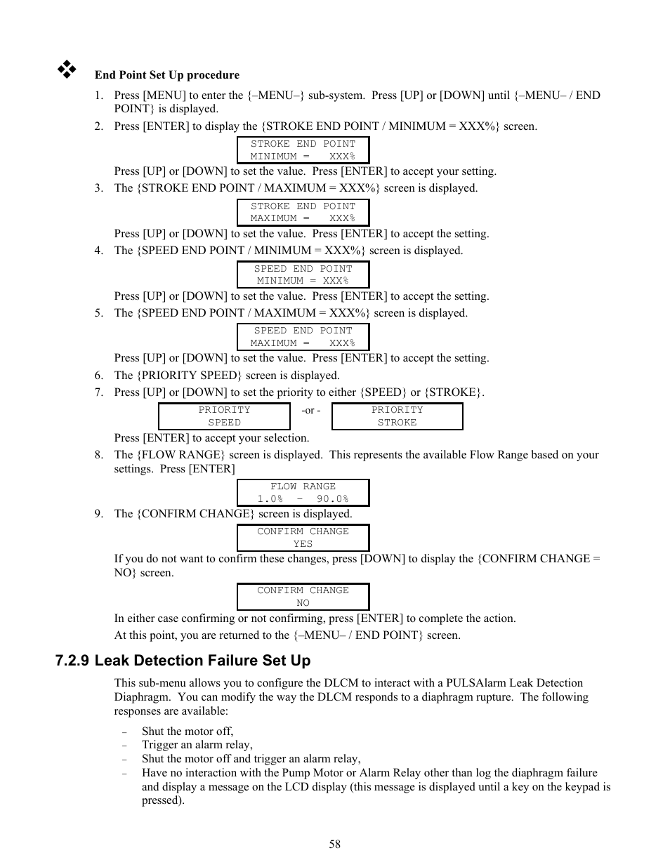 Level / remote / start – stop set up, 9 leak detection failure set up | Pulsafeeder Pulsar DLCM User Manual | Page 64 / 135