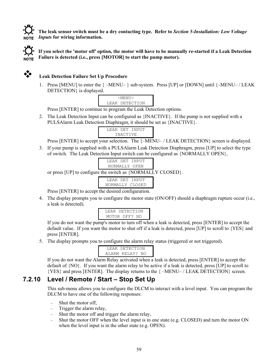 10 level / remote / start – stop set up | Pulsafeeder Pulsar DLCM User Manual | Page 65 / 135