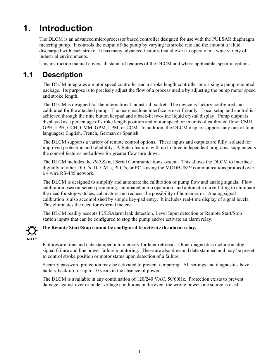 Introduction, Description, Ntroduction | 1 description | Pulsafeeder Pulsar DLCM User Manual | Page 7 / 135