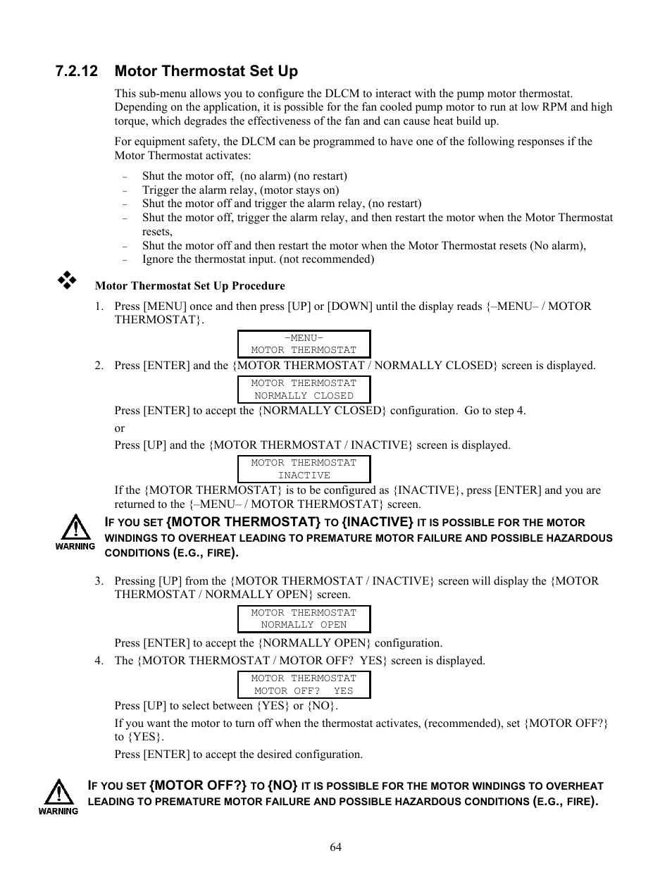 Over temperature set up, 12 motor thermostat set up | Pulsafeeder Pulsar DLCM User Manual | Page 70 / 135