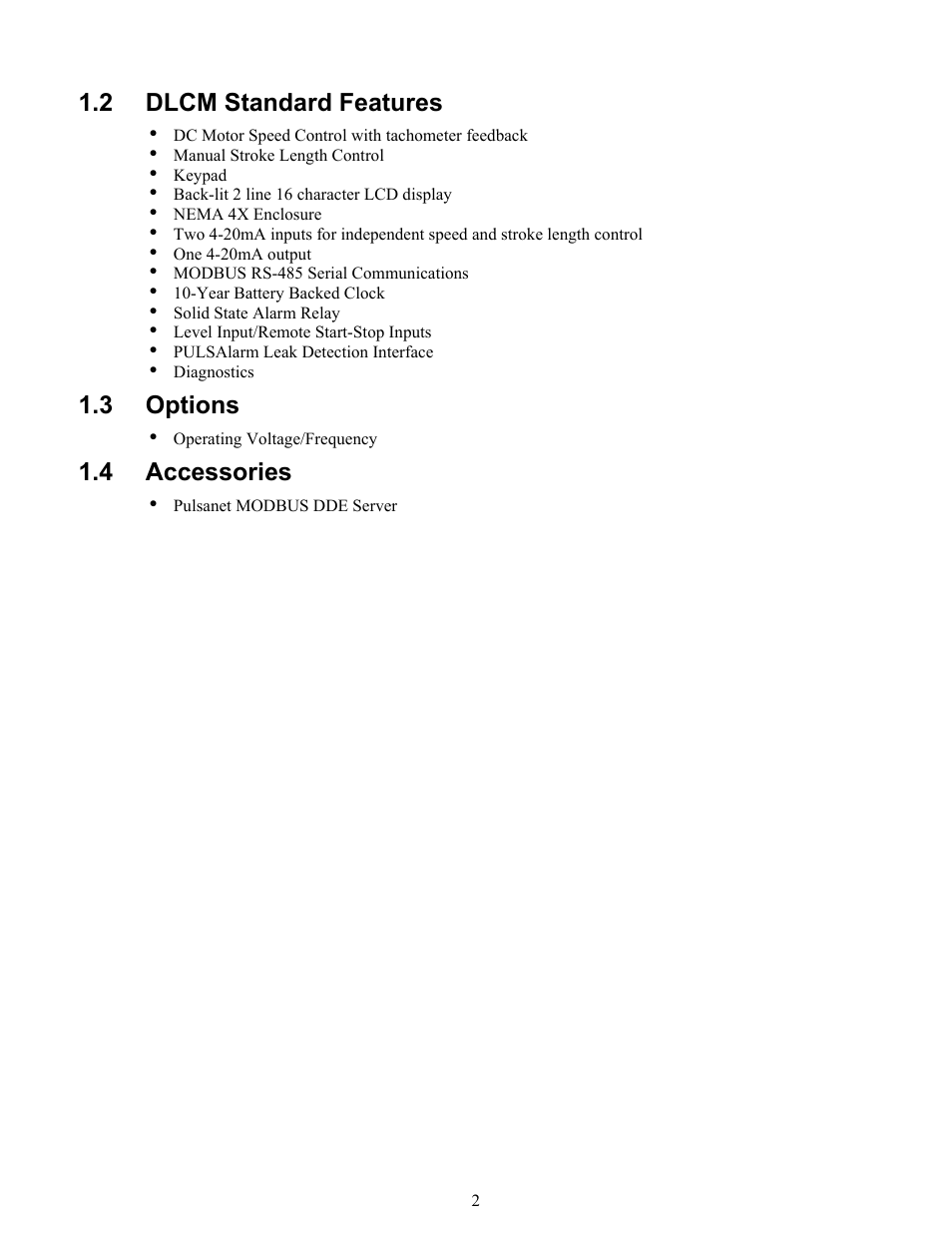 Dlcm standard features, Options, Accessories | 2 dlcm standard features, 3 options, 4 accessories | Pulsafeeder Pulsar DLCM User Manual | Page 8 / 135