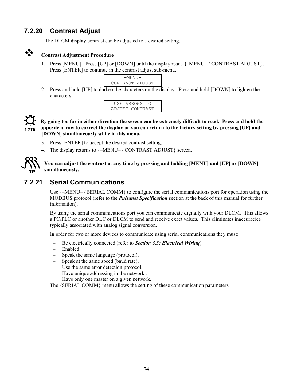 20 contrast adjust, 21 serial communications | Pulsafeeder Pulsar DLCM User Manual | Page 80 / 135