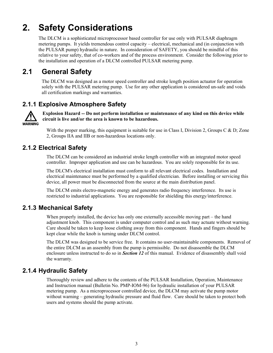 Safety considerations, General safety, Explosive atmosphere safety | Electrical safety, Mechanical safety, Hydraulic safety, Afety, Onsiderations, 1 general safety | Pulsafeeder Pulsar DLCM User Manual | Page 9 / 135