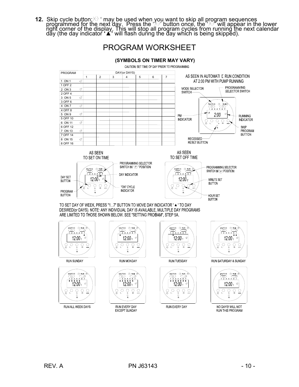 Program worksheet, Symbols on timer may vary) | Pulsafeeder Chem-Tech Series XP TIMER EN User Manual | Page 10 / 20