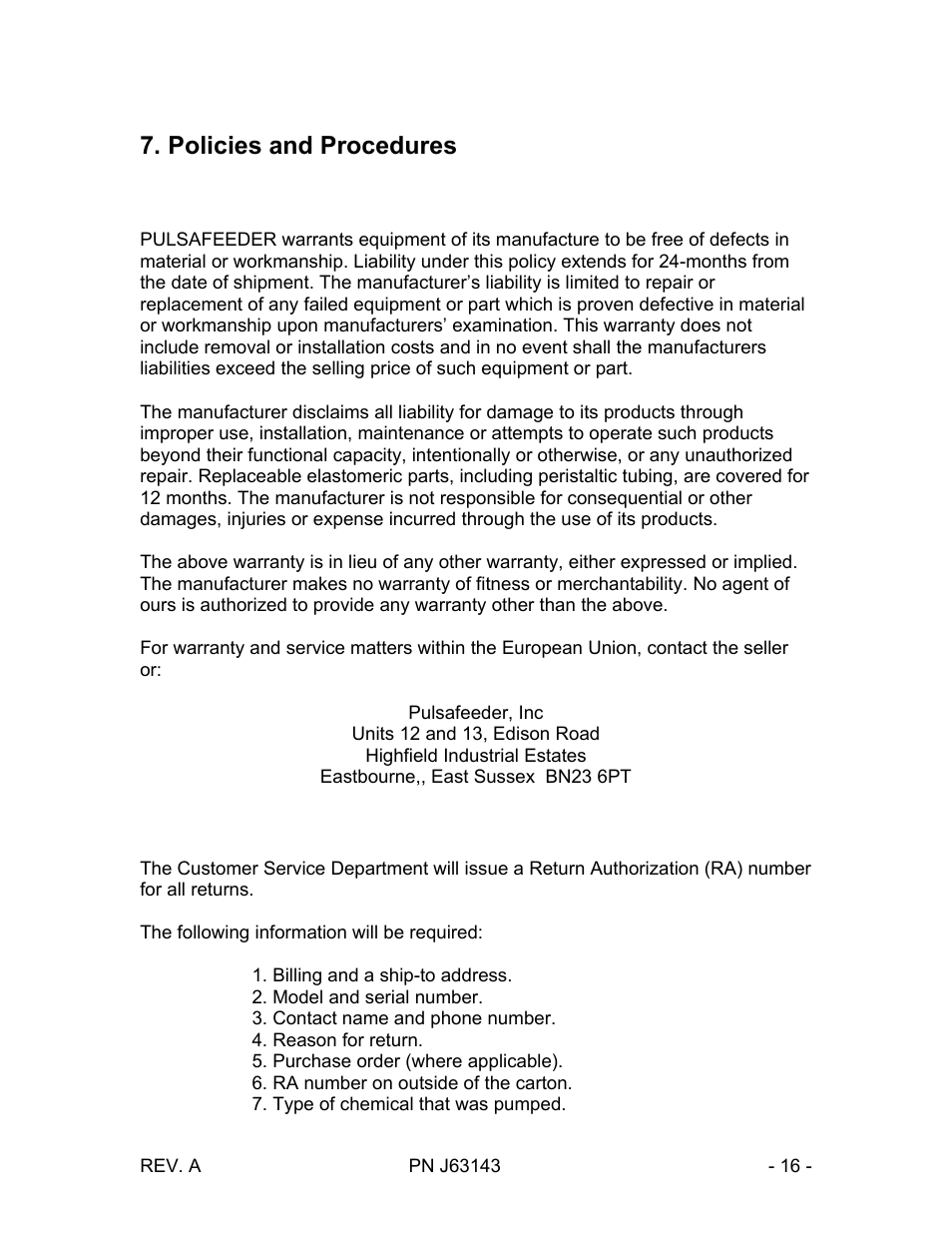 Policies and procedures | Pulsafeeder Chem-Tech Series XP TIMER EN User Manual | Page 16 / 20