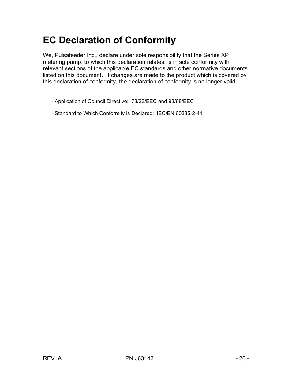 Ec declaration of conformity | Pulsafeeder Chem-Tech Series XP TIMER EN User Manual | Page 20 / 20