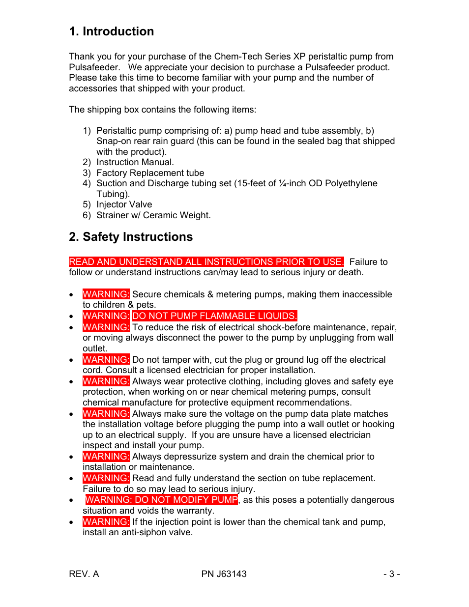 Introduction, Safety instructions | Pulsafeeder Chem-Tech Series XP TIMER EN User Manual | Page 3 / 20