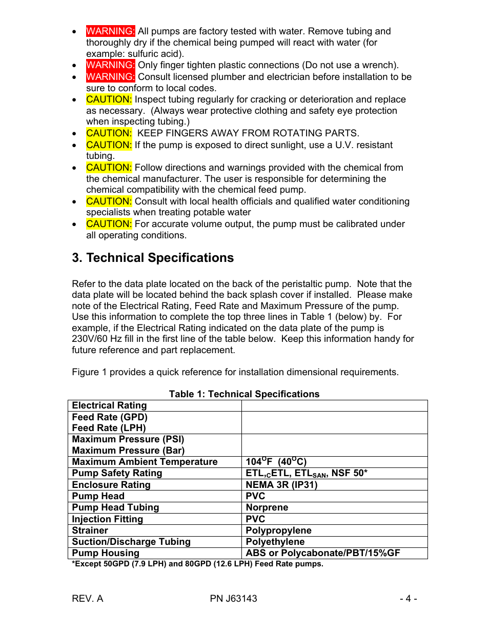 Technical specifications | Pulsafeeder Chem-Tech Series XP TIMER EN User Manual | Page 4 / 20